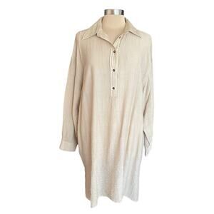 J. Roberts Tan Crinkle Popover Shirt Dress Sz Medium Minimalist Neutral Casual